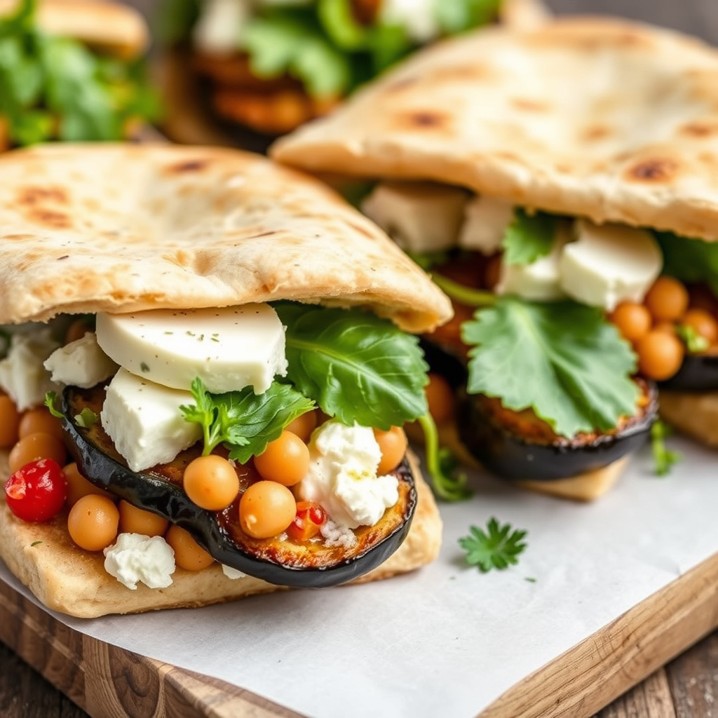 Feta-, garbanzo- og auberginesandwich med pita