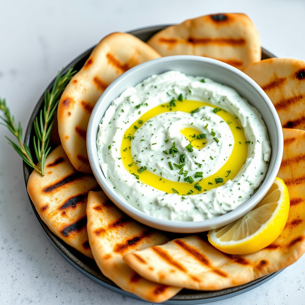 Fetaost- og vårløkdip med olivenolje og sitron, servert med grillet pitabrød