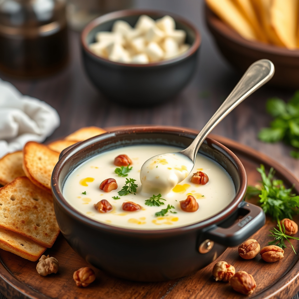 Fetaostfondue med valnøtter og persille