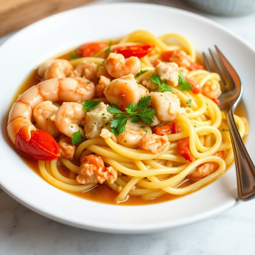 Fettuccine i hummerkraft med reker, crawfish og krabbekjøtt