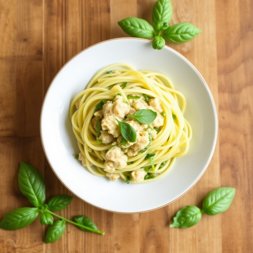 Fettuccine med basilikum og hvitløk, servert med bok choy og krabbekraftsaus