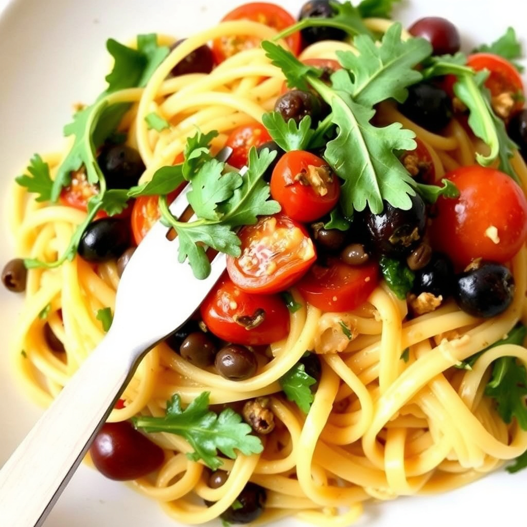 Fettuccine med tomater, kapers og oliven