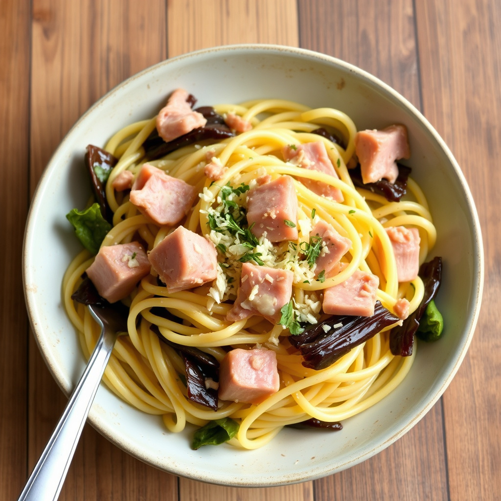 Fettuccine med skinke og Napa-kål