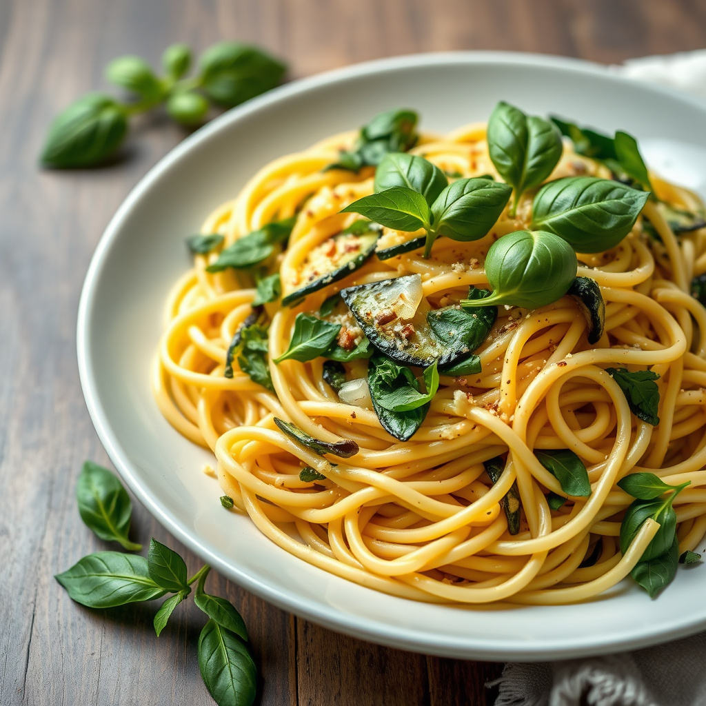 Fettuccine med squash, ruccola, basilikum og sitron