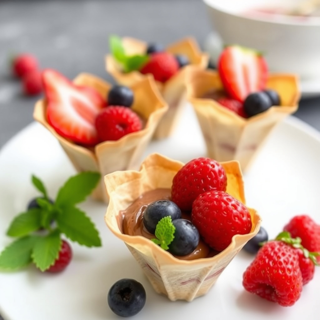 Filo-kopper med sjokolademousse og fersk frukt