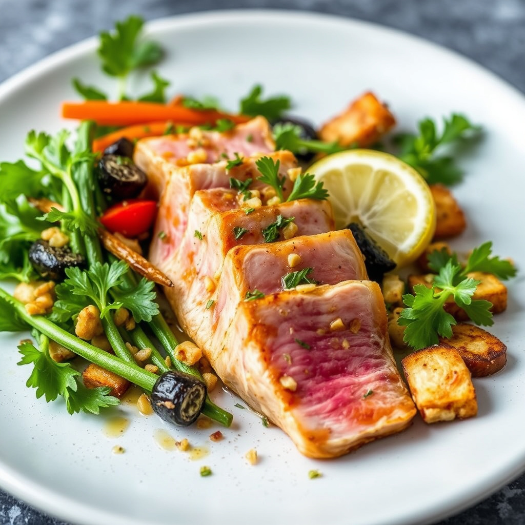 Finocchio-tunfisk med sprø grønnsaker og Gilroy-hvitløk vinaigrette