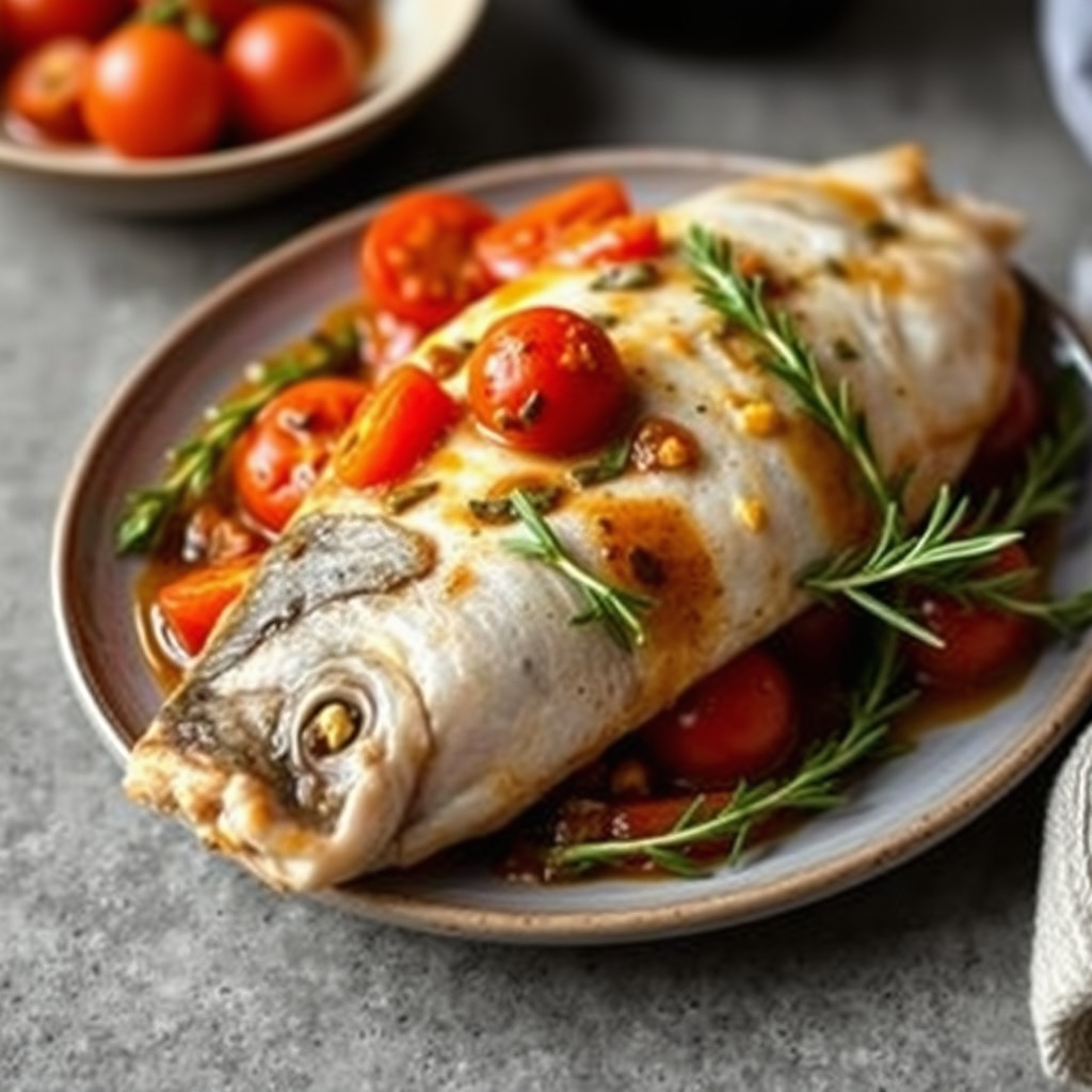 Fisk marinert med eddik, søt vin, tomat og rosmarin