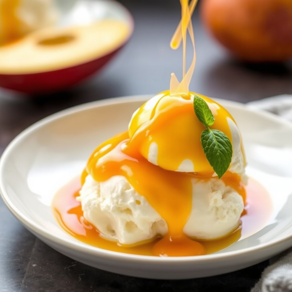 Flaming Mango-saus over hjemmelaget vaniljeis