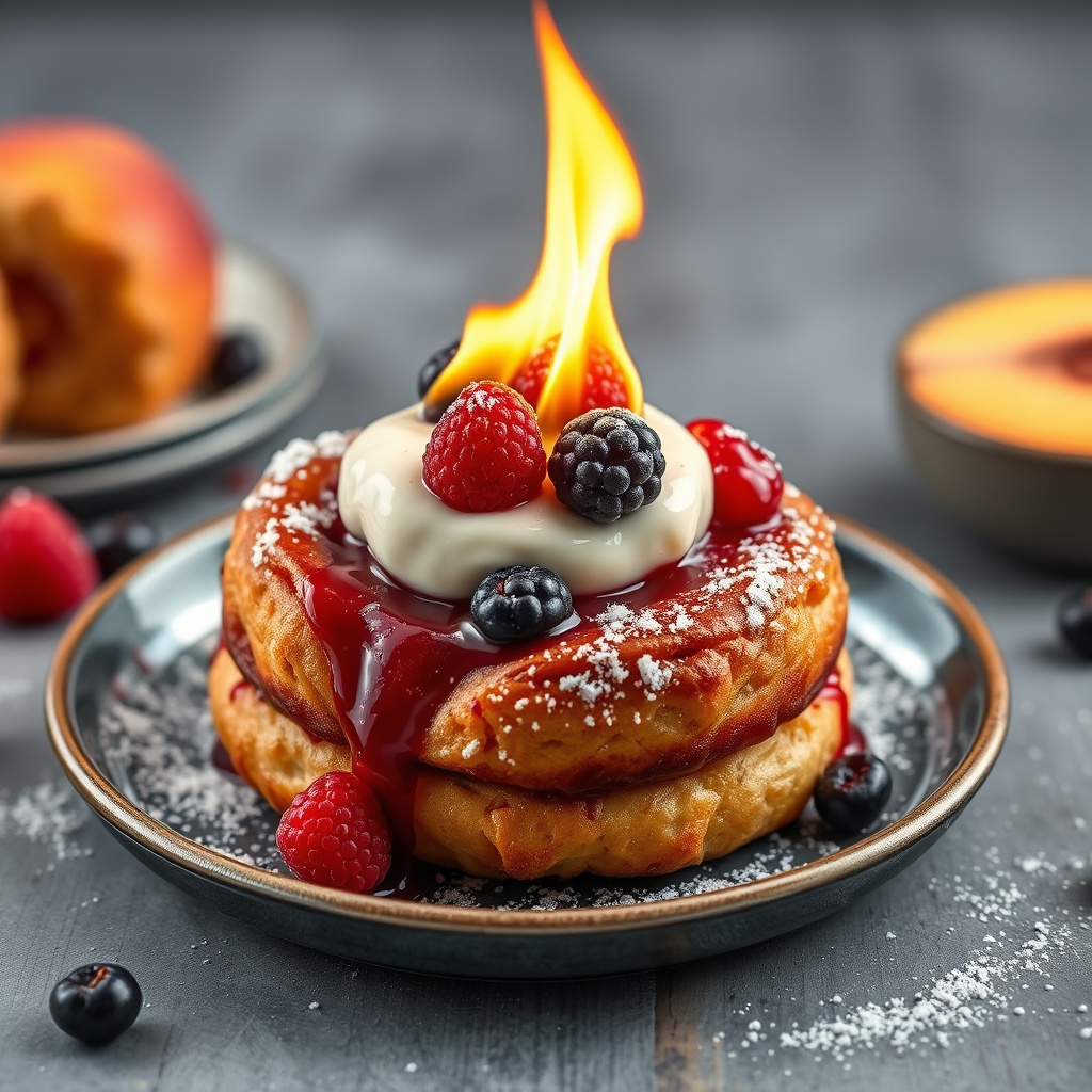 Flaming Wild Berry Mini Bundts med krydret ferskenkrem anglaise
