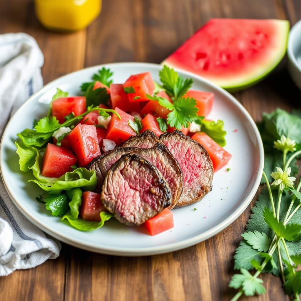 Flankestek med vannmelonsalat