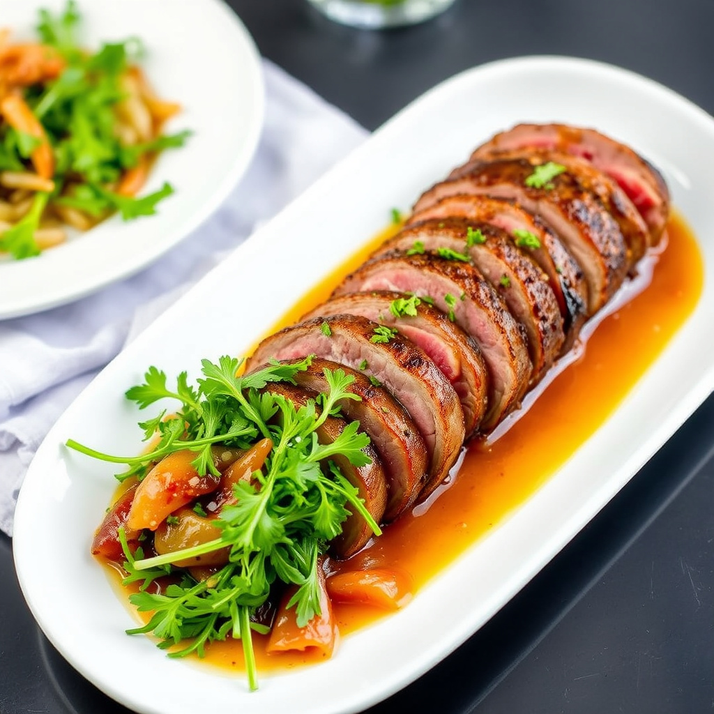 Flankestek-roulade med ruccola og søt-sure løk