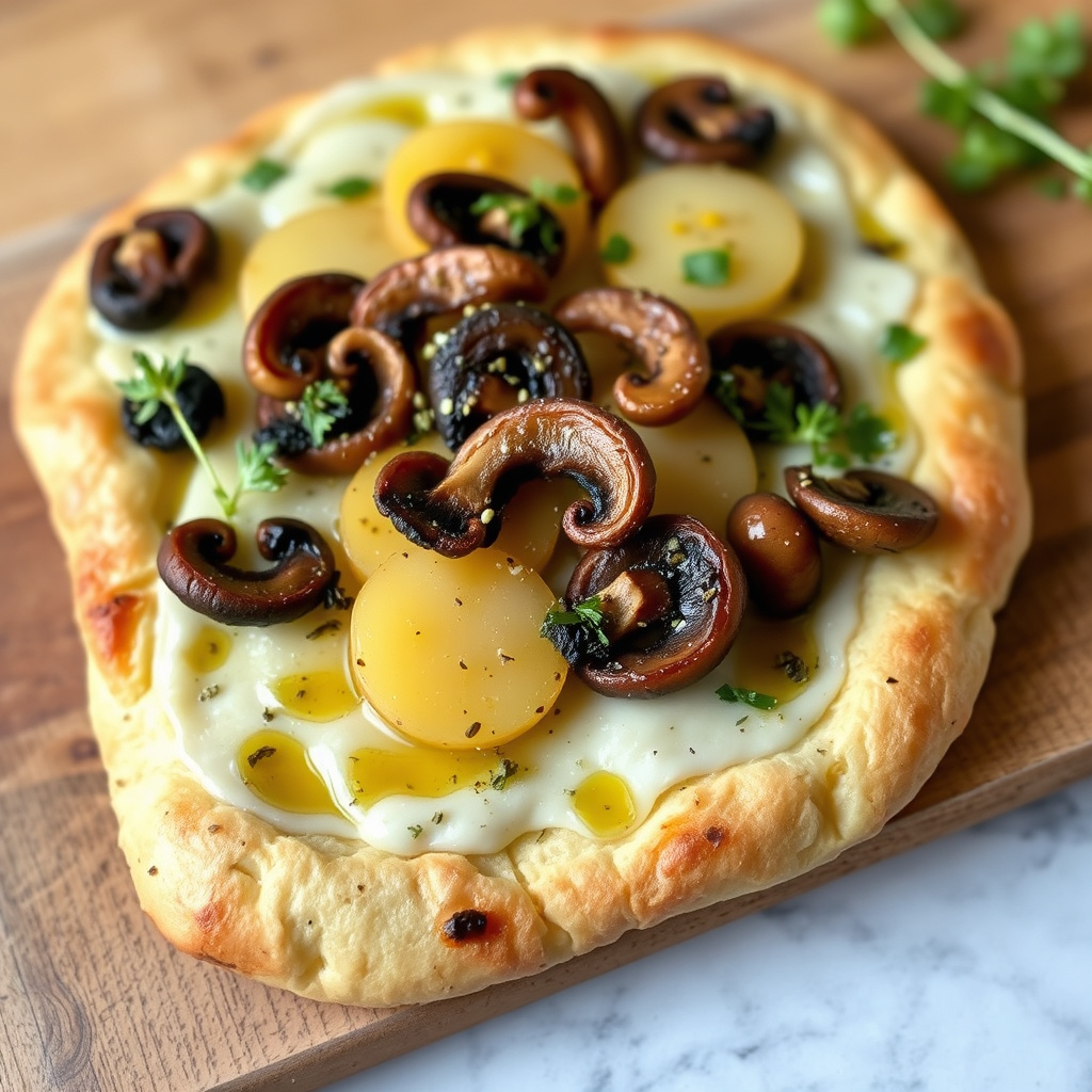 Flatbrød med fingerling-poteter, shiitakesopp og trøffelolje