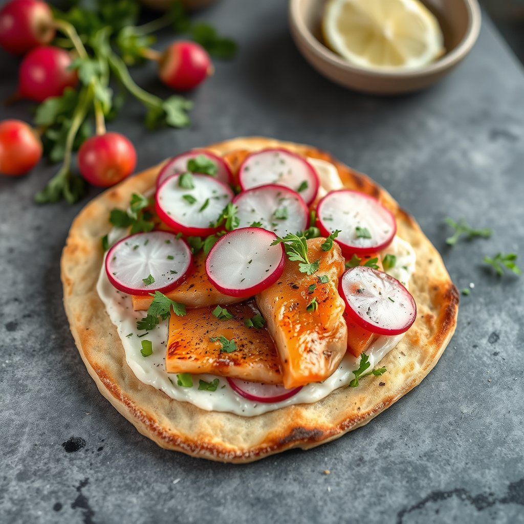 Flatbrød med røkt ørret, reddiker og urter