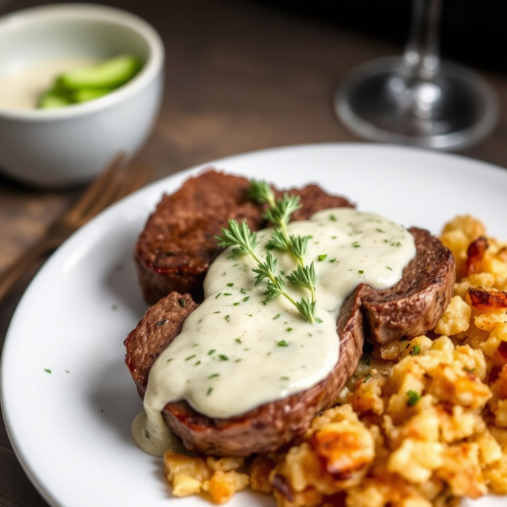 Flatironbiffer med kremet einerbærsaus og hash browns