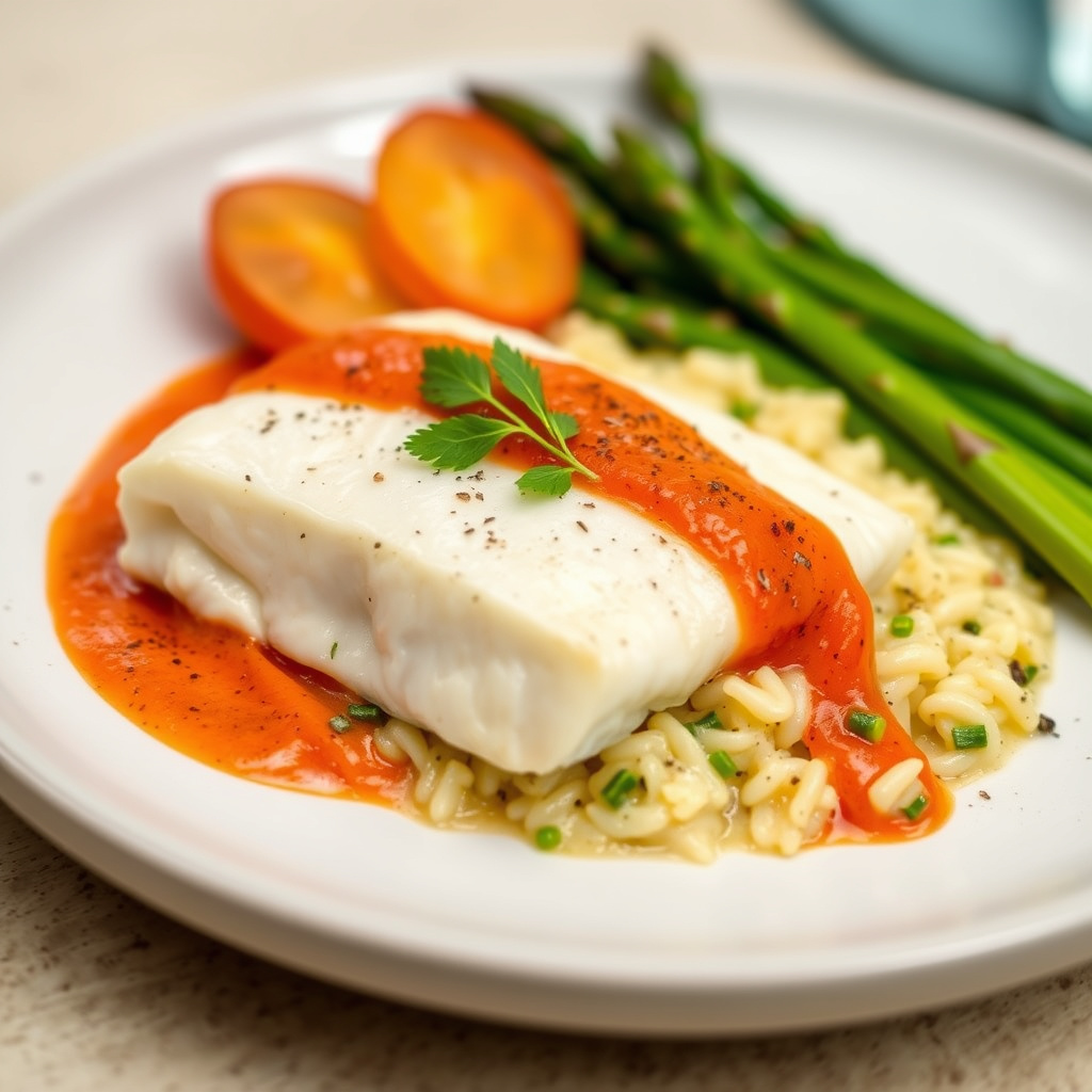 Flundre med rød peppersaus og aspargesrisotto