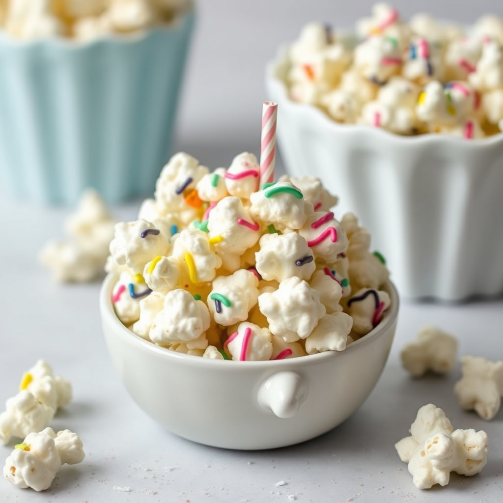 Fødselsdags hvit sjokolade popcorn
