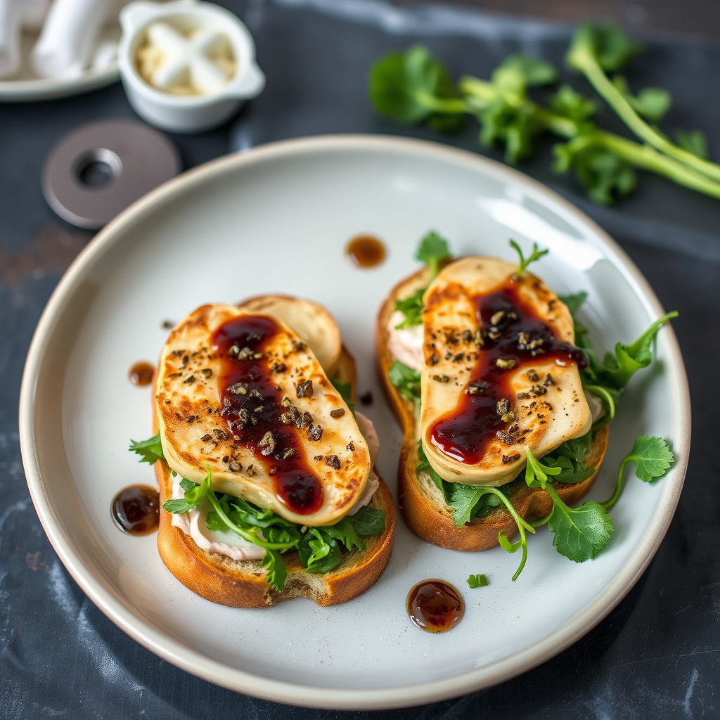 Foie gras-toast med grønnsaker og portvinsglaze med verjus