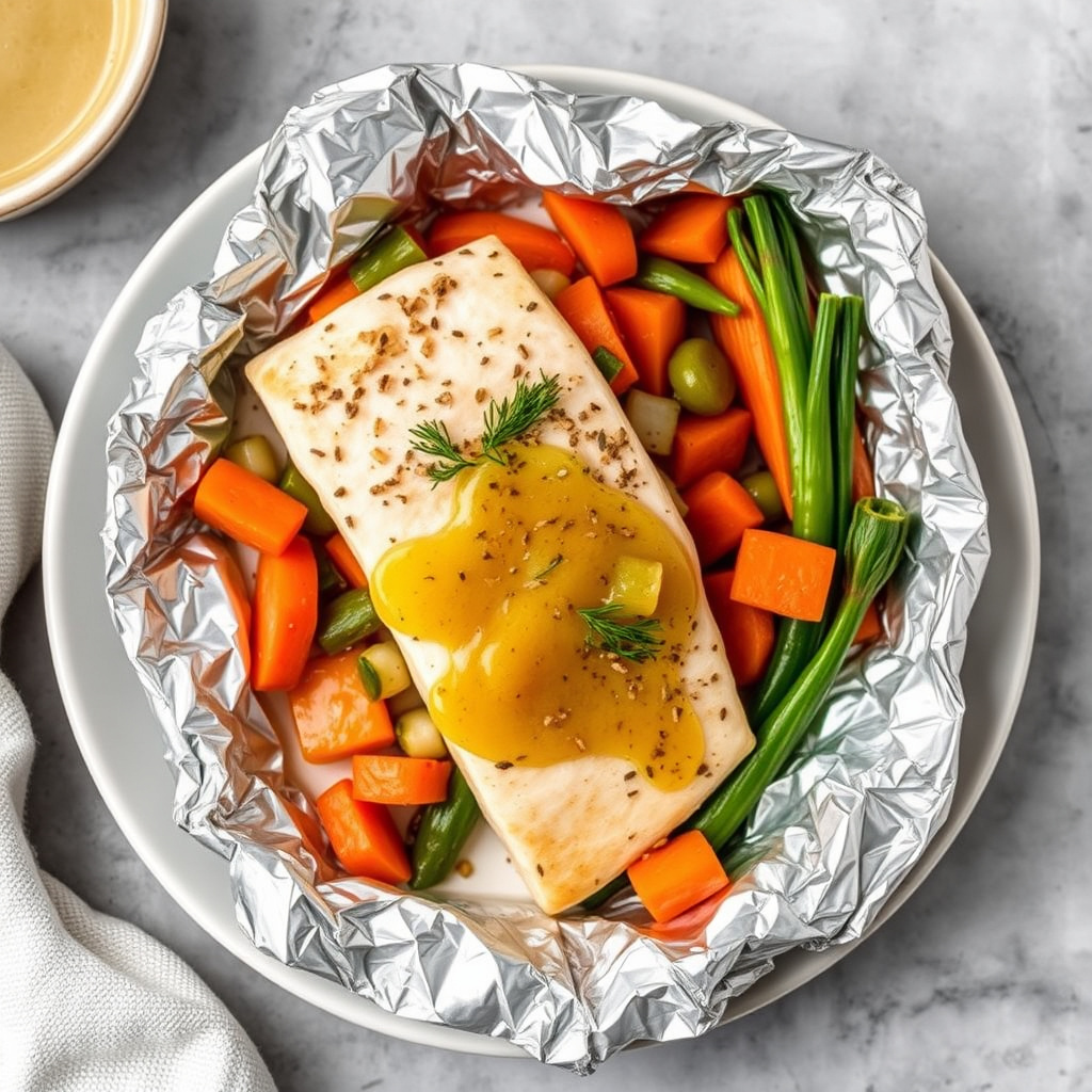 Foliebakt sverdfisk med gulrøtter, purre og ingefærsmør