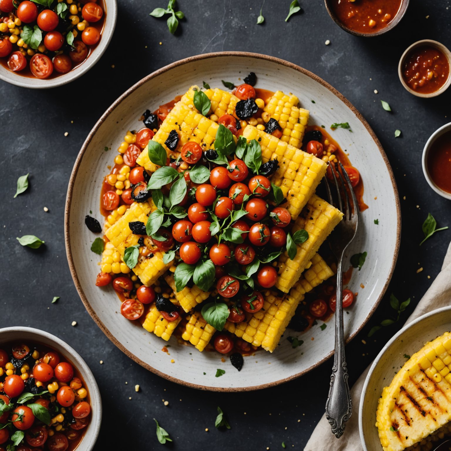 Forkullet maispolenta med grillet tomatvinaigrette