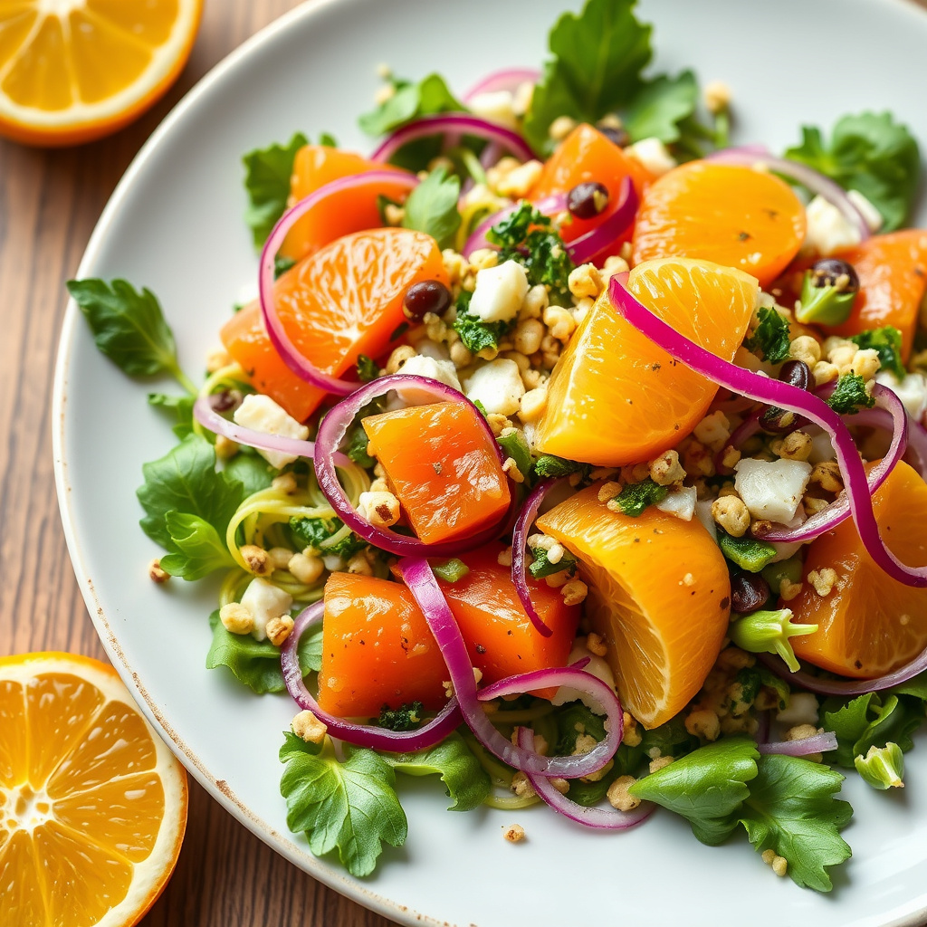 Fregolasalat med fersk sitrus og rødløk