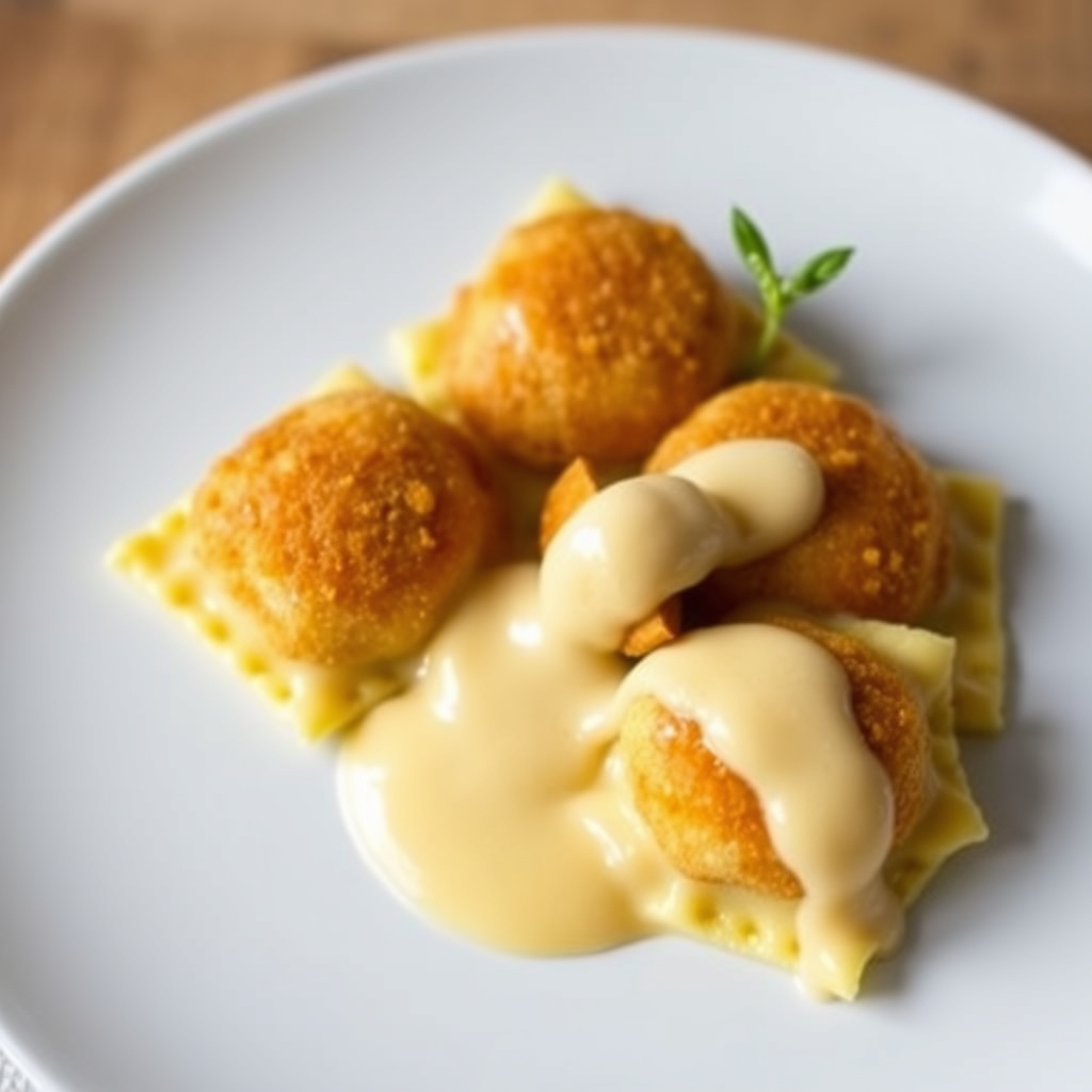 Friterte bananravioli med vaniljesaus