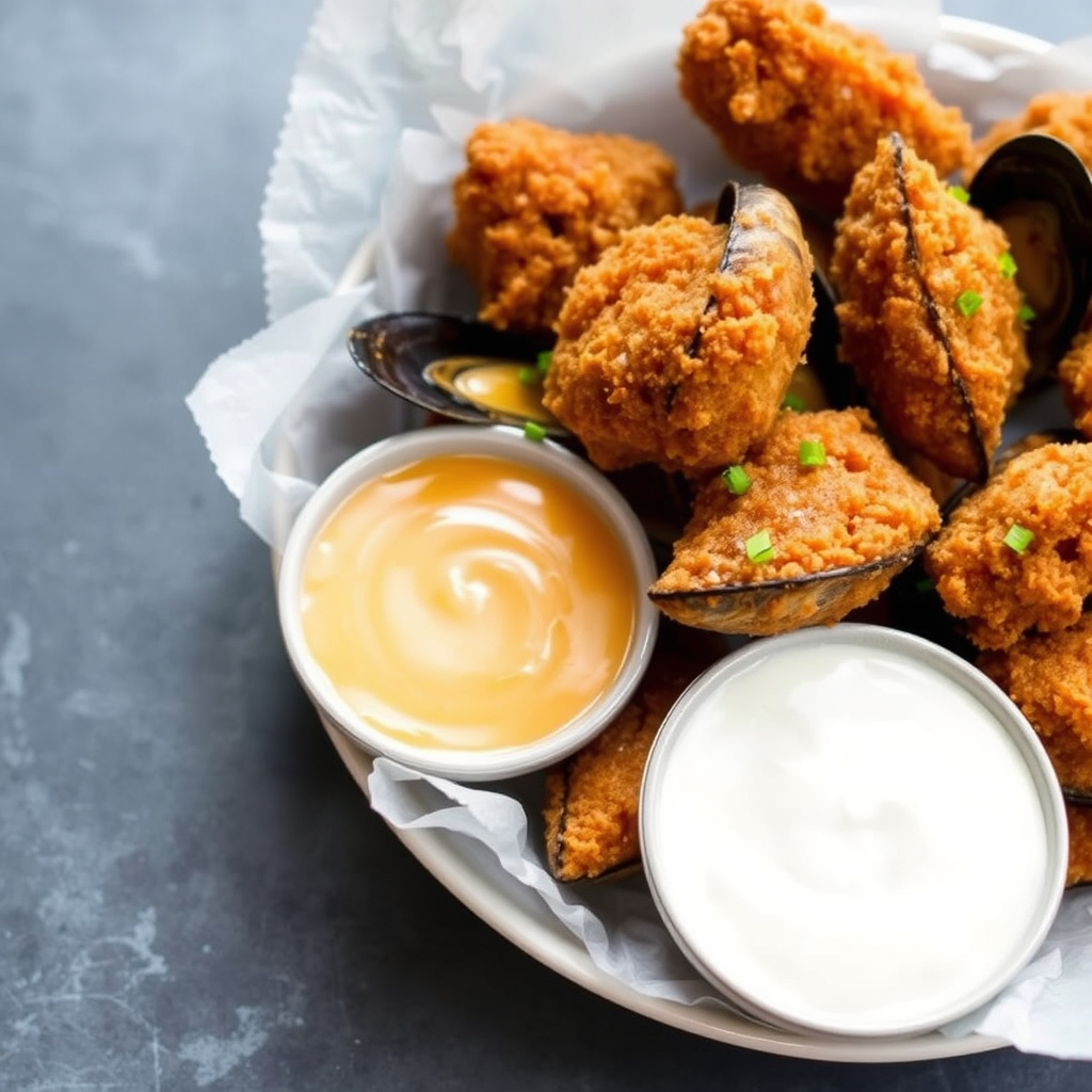 Friterte blåskjell i ølrøre med to sauser