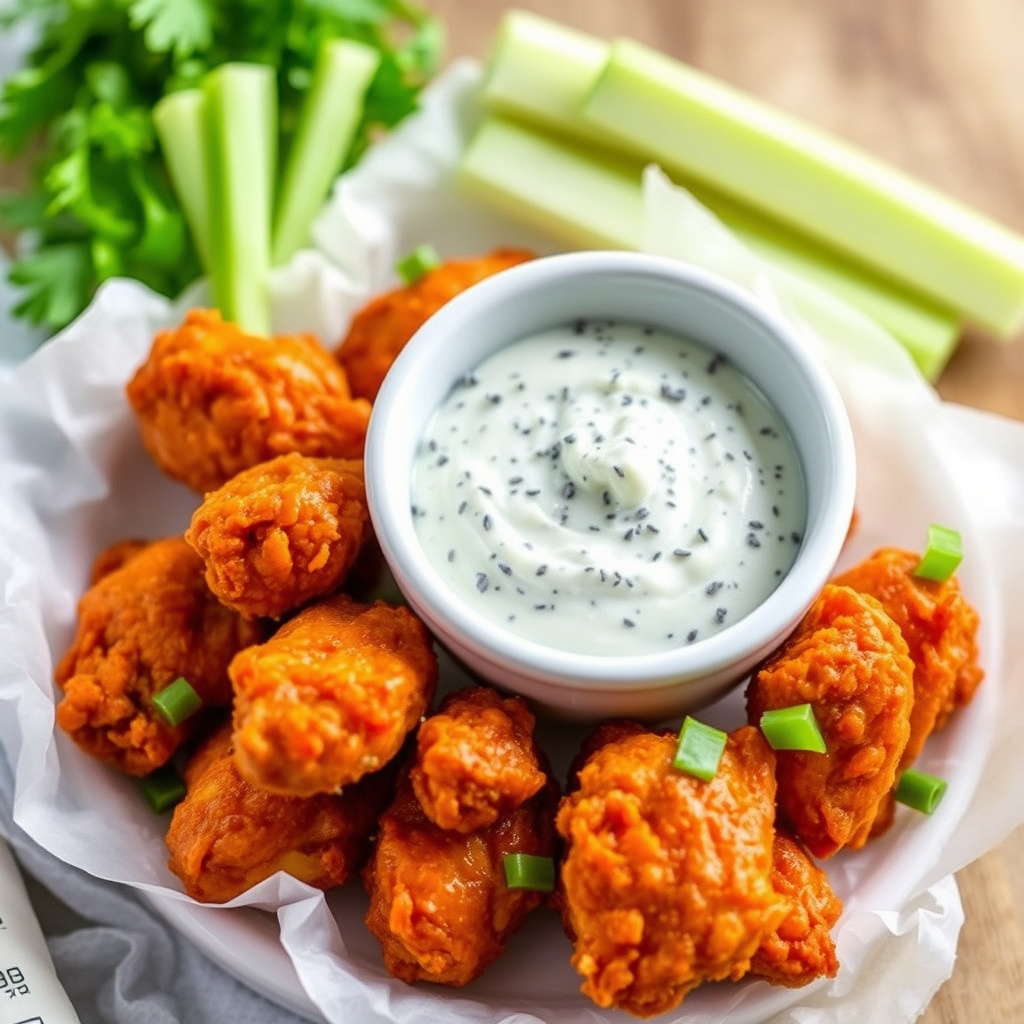 Friterte Buffalo-vinger med blåmuggostdip