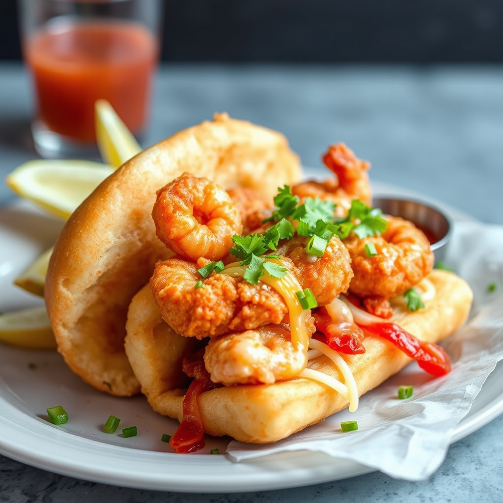 Friterte reker i Po' Boy-brød