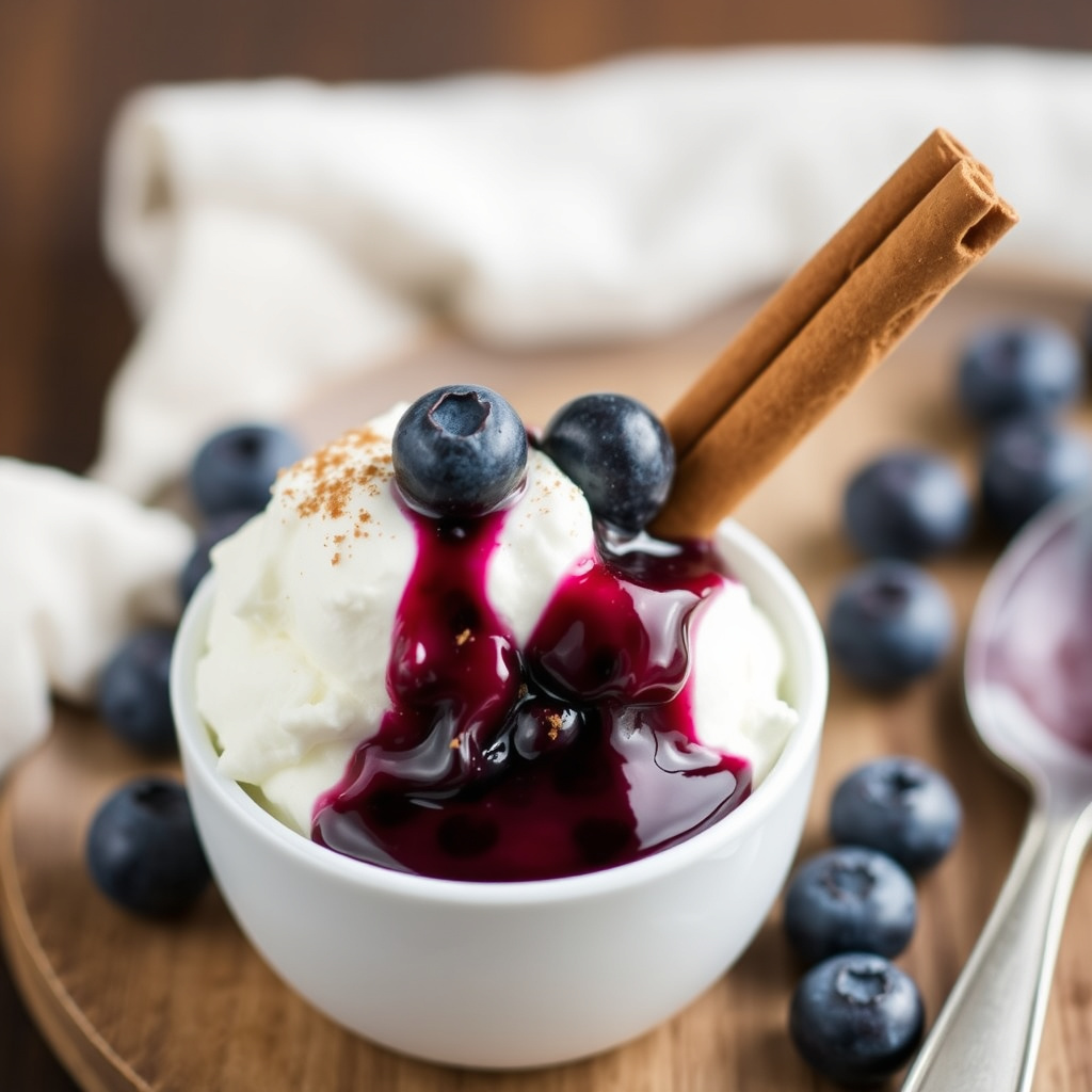 Frossen yoghurt med blåbærsaus smakt til med kanel
