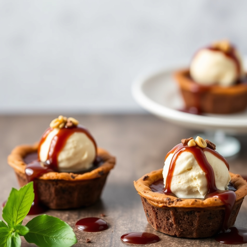 Fudge-tartletter med peanøttsmør-is og cabernet-karamell