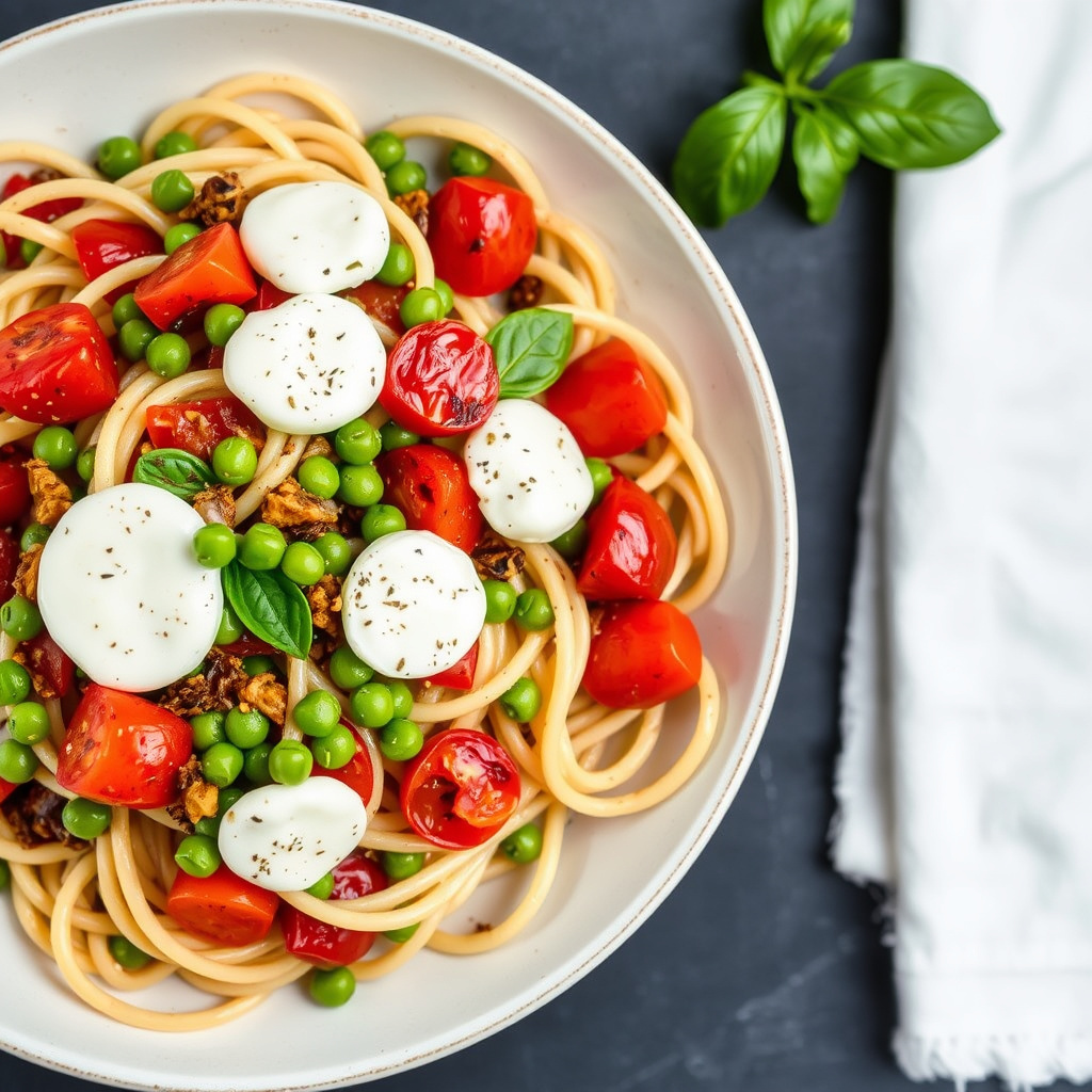 Fullkornsfettuccine med ovnsbakte tomater, erter og mozzarella