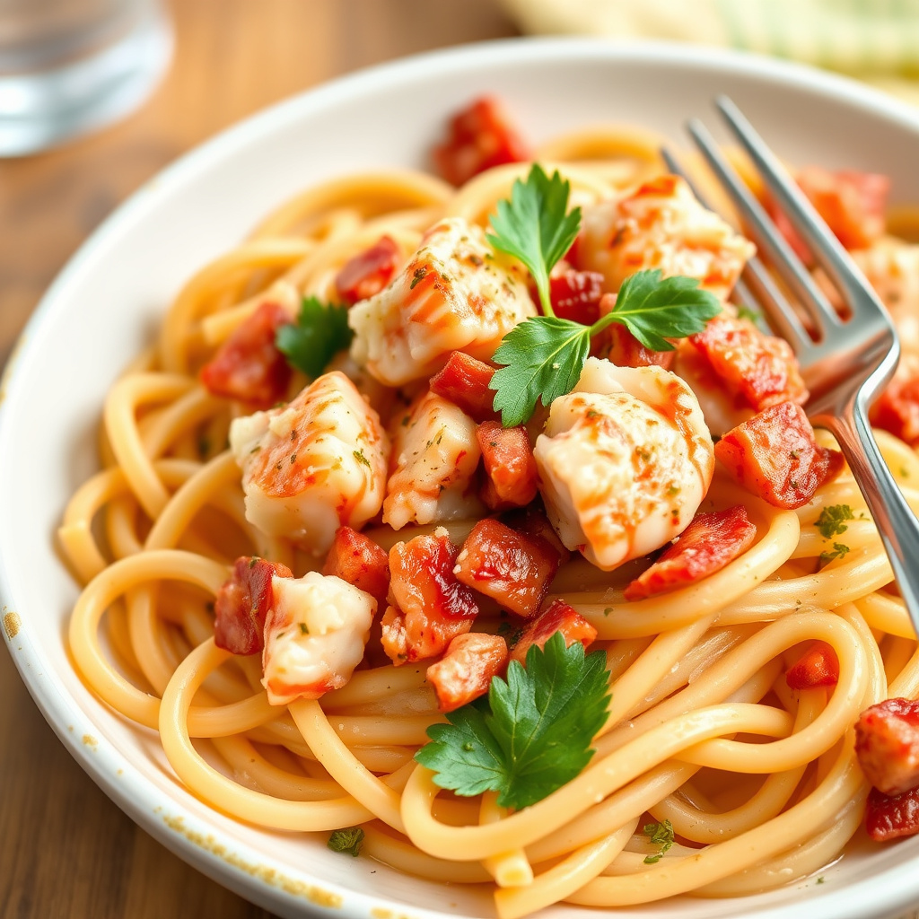 Fullkornspenne med hummer, reker og bacon