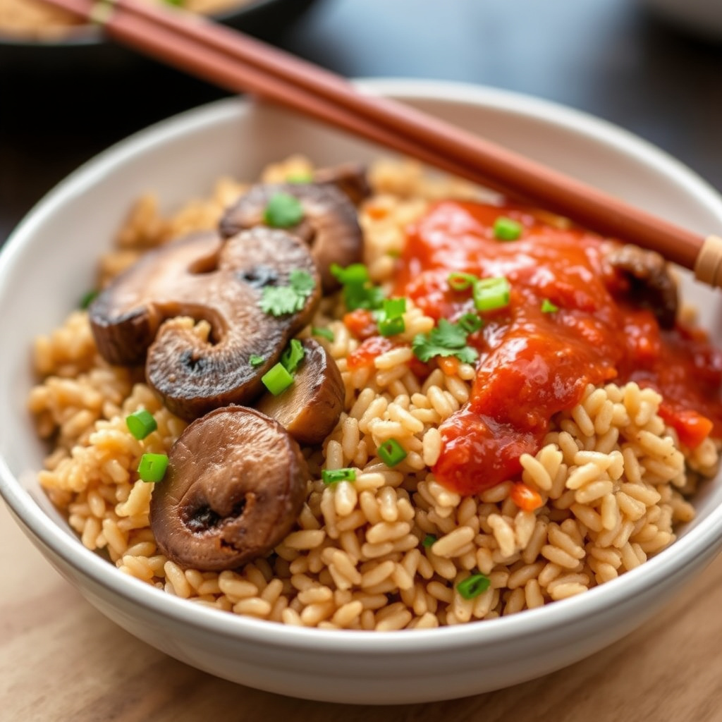 Fullkornsris med sopp og kimchi