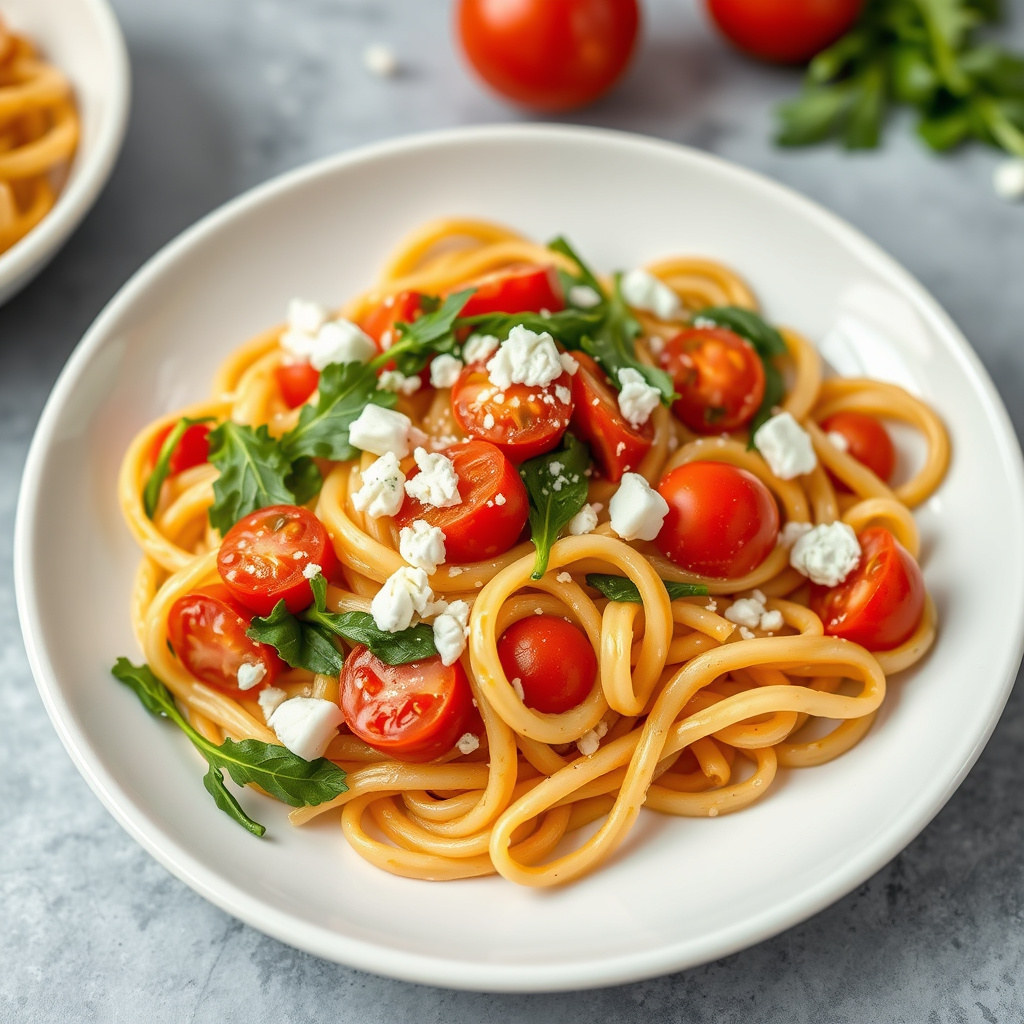 Fusilli med tomat, ruccola og fetaost