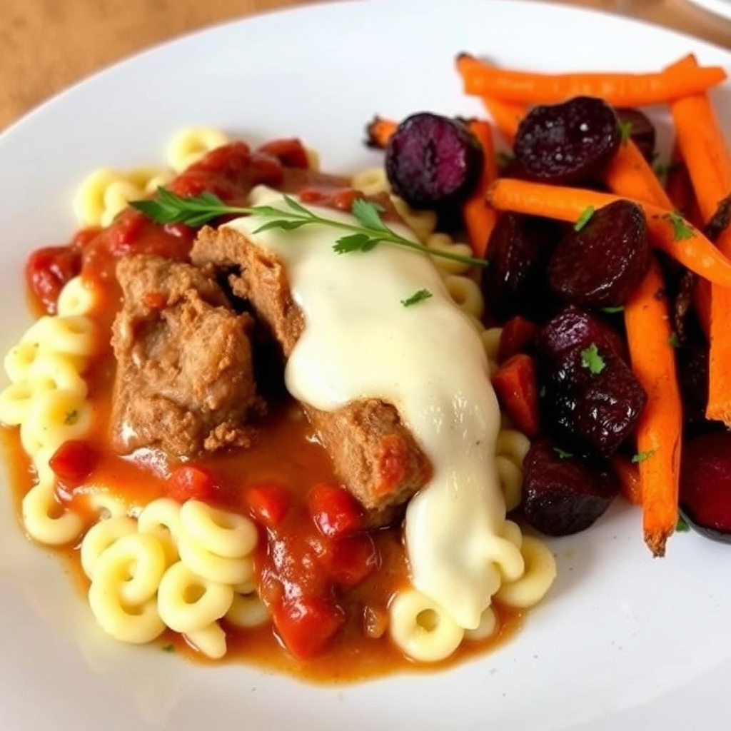 Fyllet kalveschnitzel med spaetzle og sprøstilte rødbeter og gulrøtter