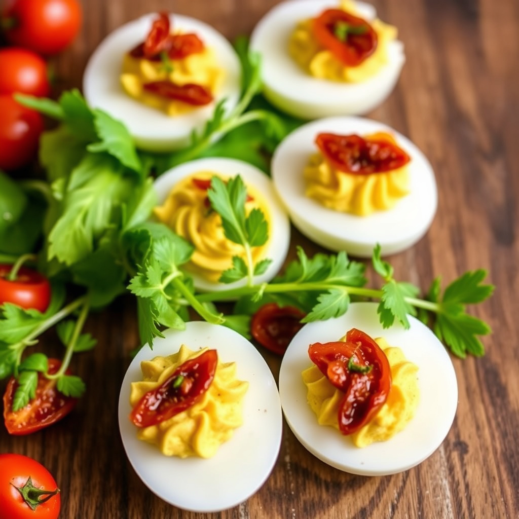 Fylte egg med soltørket tomat