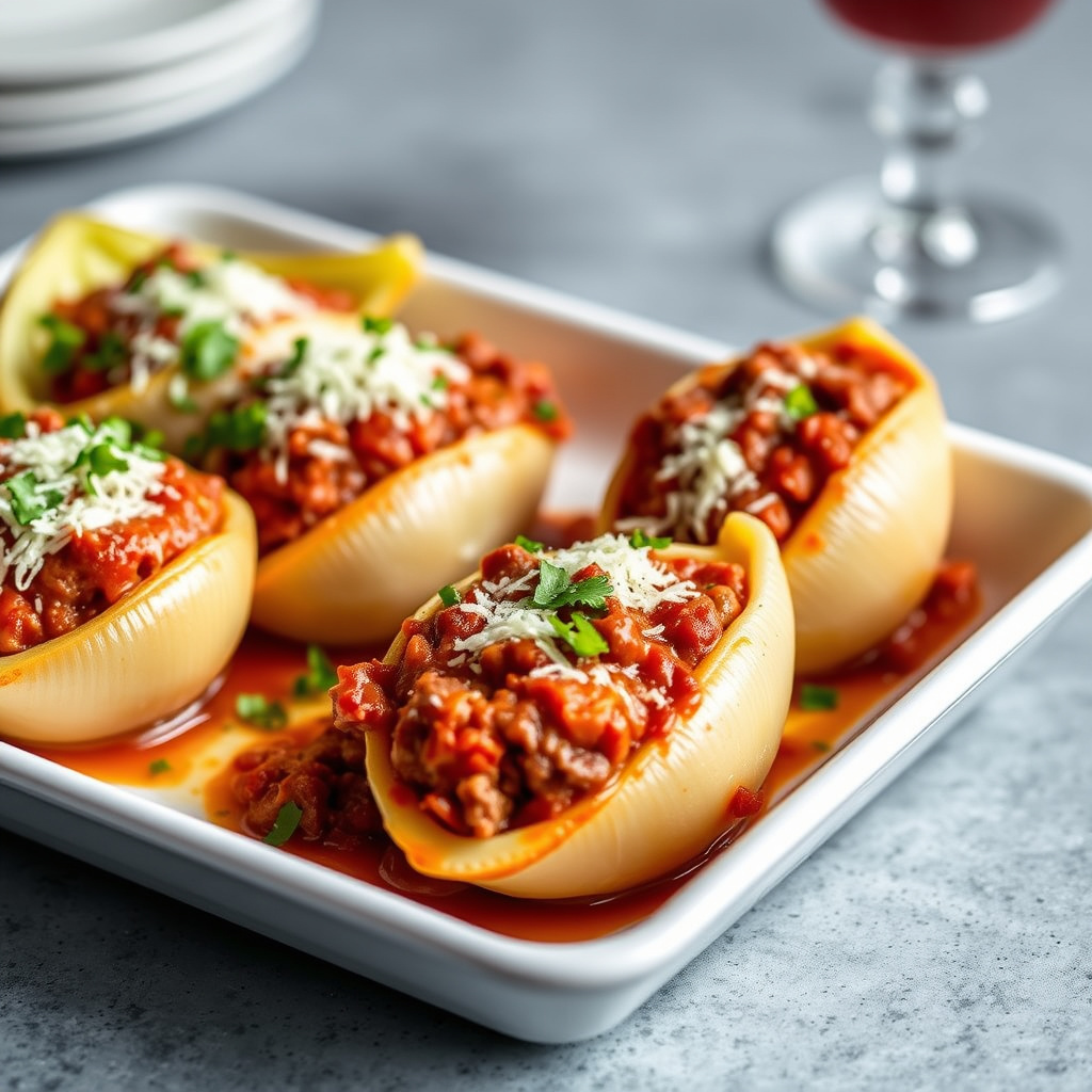 Fylte pastaskjell med roastbiff og pepperrotkrem