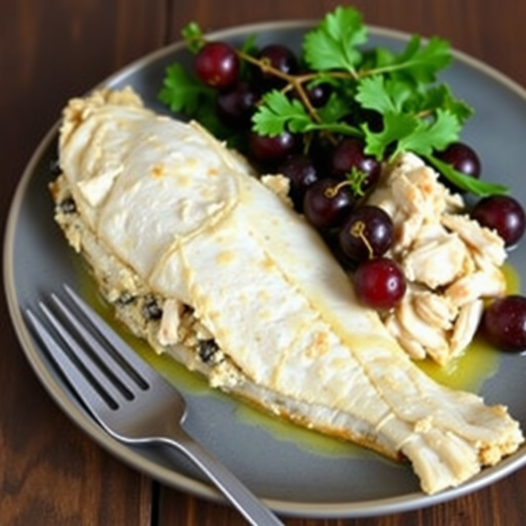 Fylte rødspettefileter med krabbe og druer