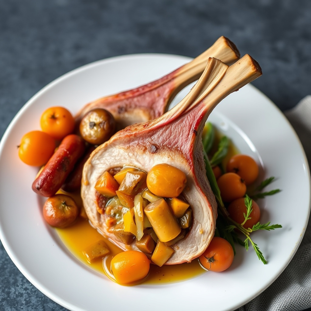 Fylte svinekoteletter med pølse og aprikoser