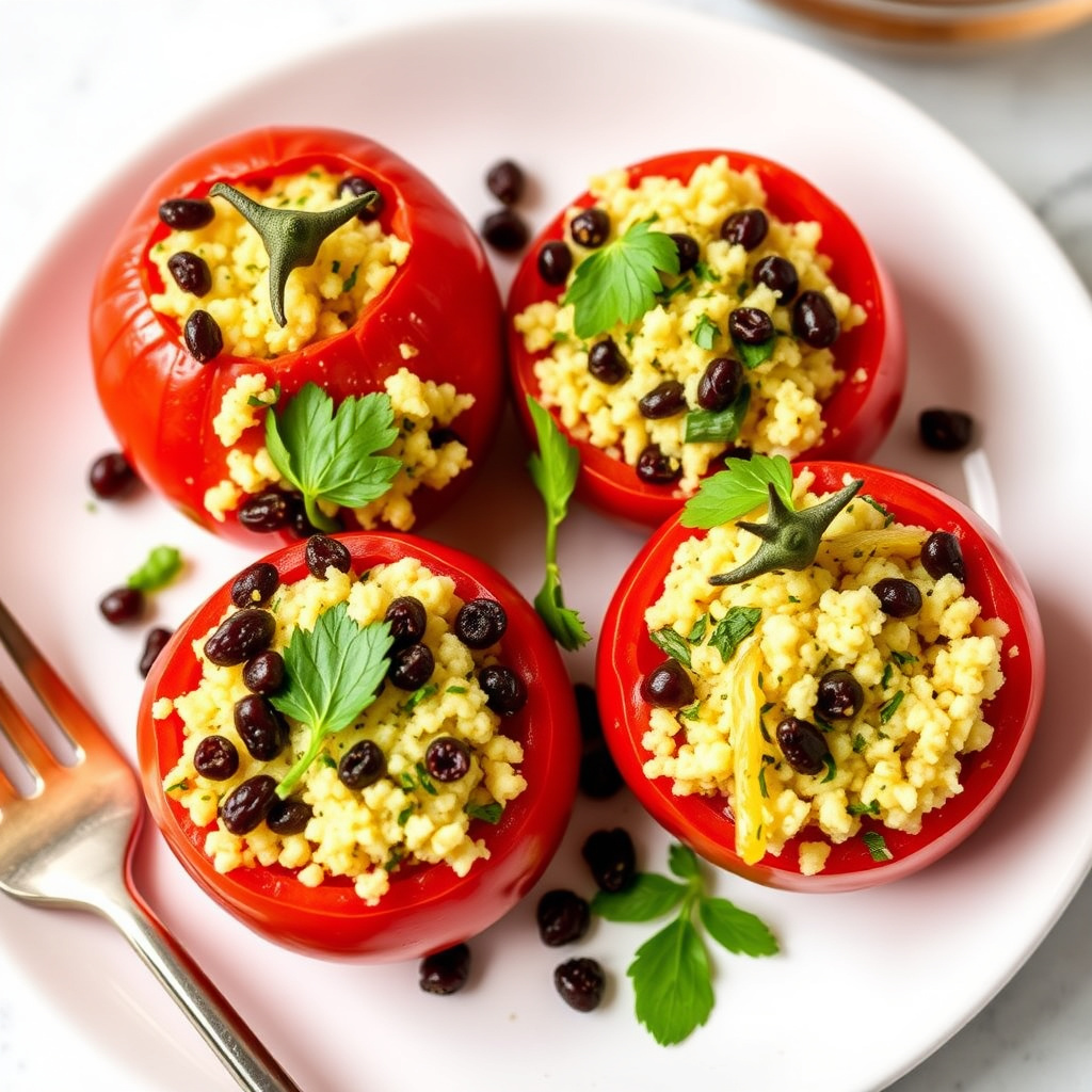 Fylte tomater med couscous, solbær og urter