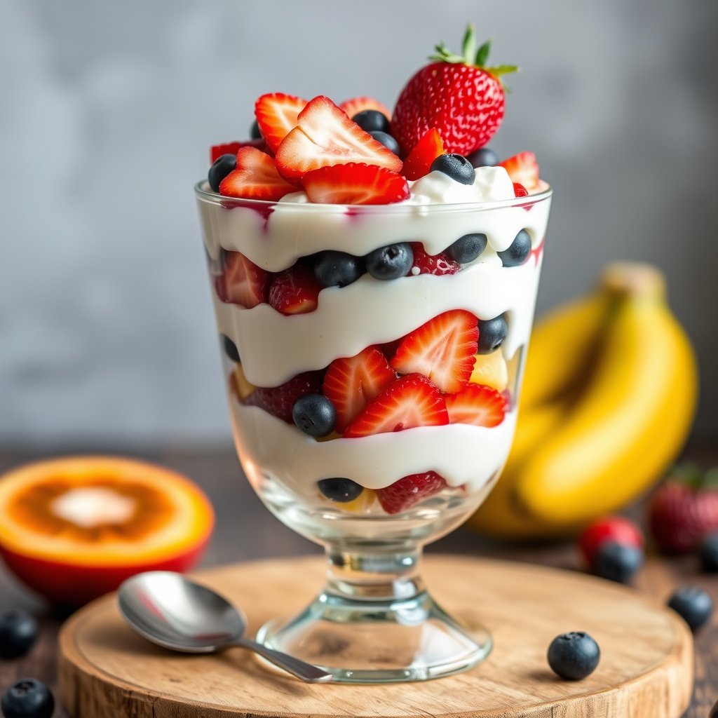Fyrstikk- og frukt-yoghurtdessert i seks lag