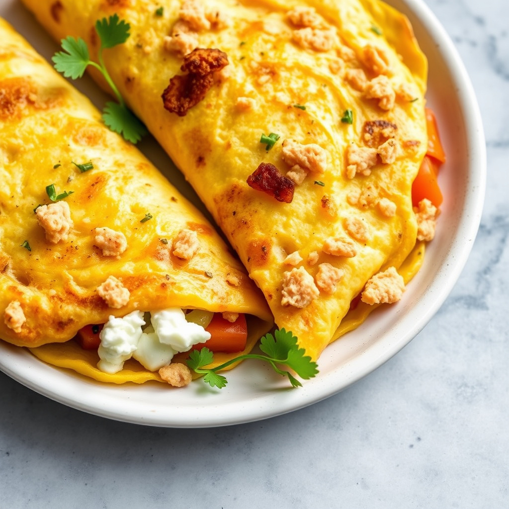 Geitost-, søtpotet- og krutongomeletter