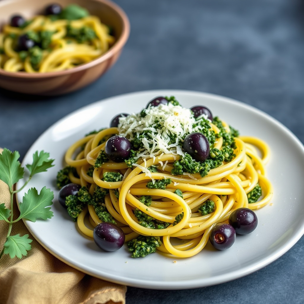 Gemelli med grønnkålspesto og oliven