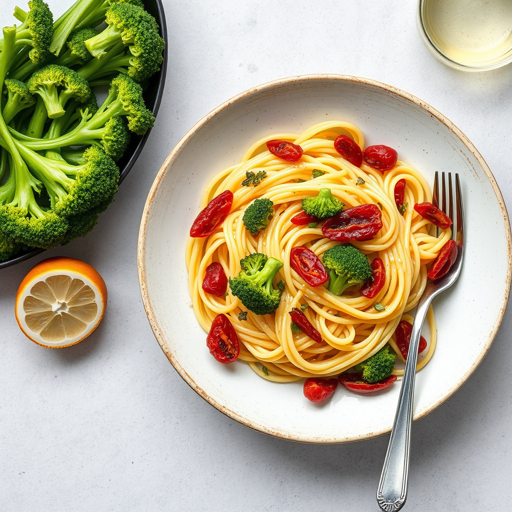 Gemellipasta med fennikelsaft, brokkoli og ovnsstekte tomater