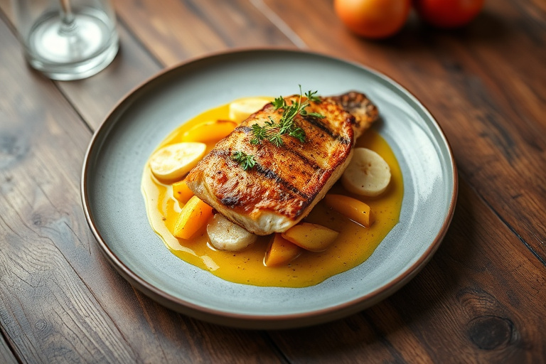 Grouper i bananblad med appelsin- og ananasrelish