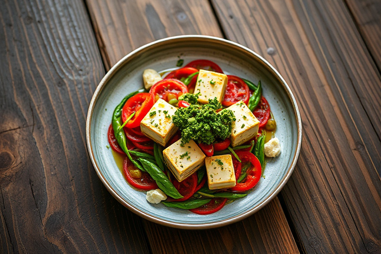 Tofu med gorgonzola, pesto og cherrytomater