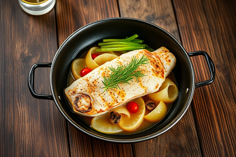 Tilapia med hvite bønner og grønnkål på stekepanne