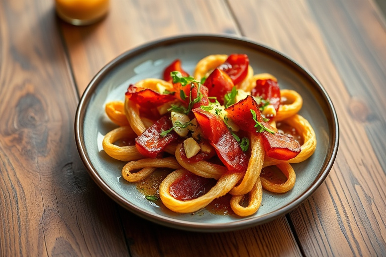 Sprø bacon-twists med gouda og aprikosmarmelade