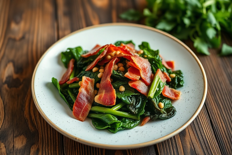 Collard Greens med sprøstekt bacon og rødløk
