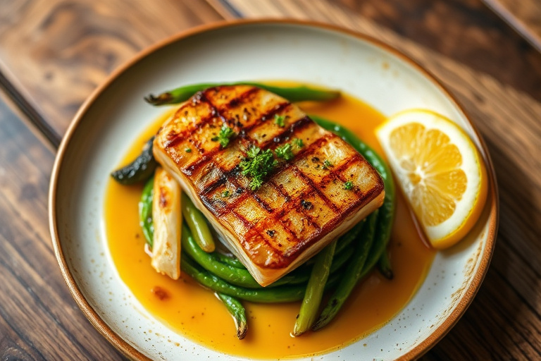 Grillede grønne bønner og fersken med mandler